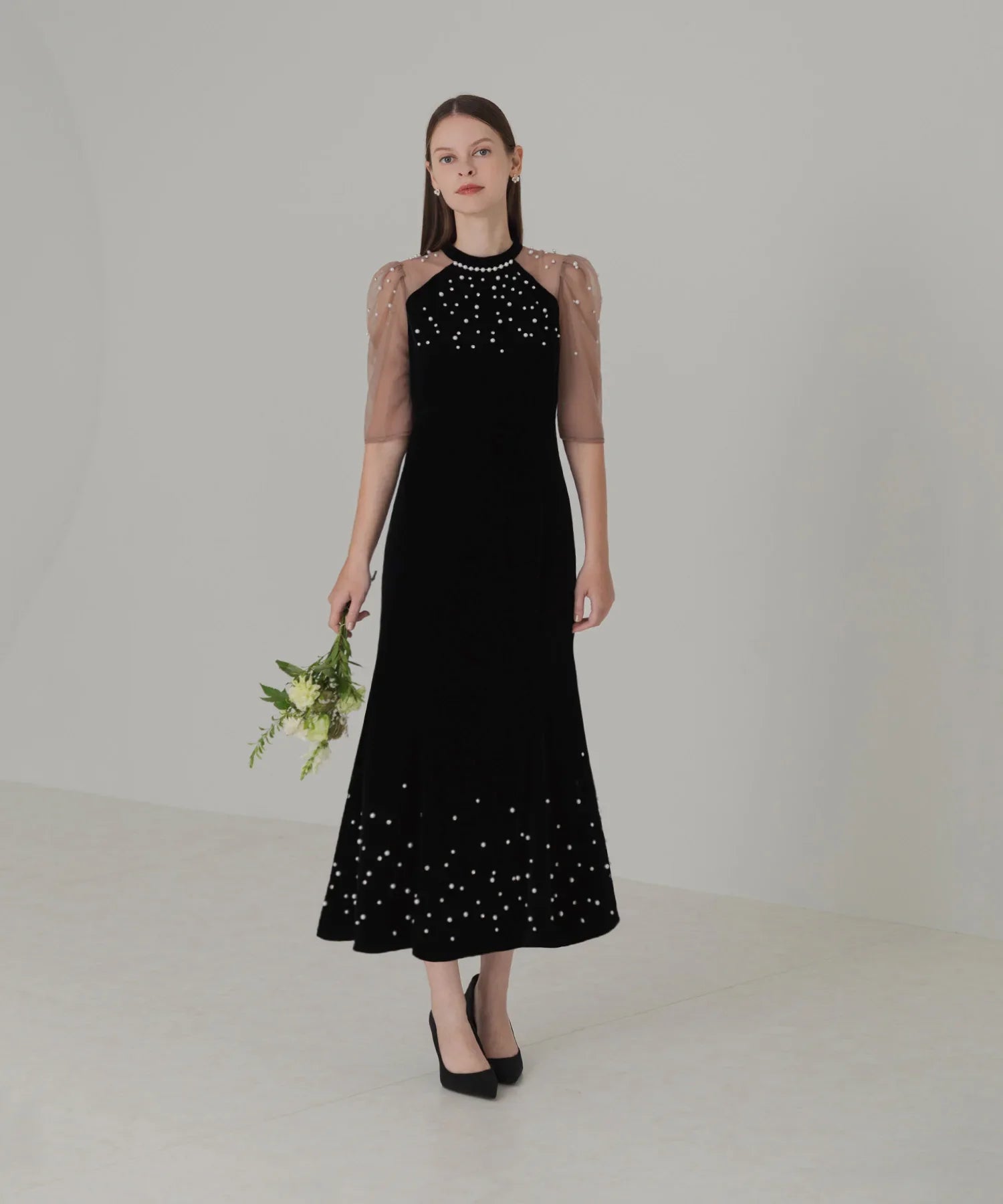 当日発送】シアースリーブパールビジューベロアマーメイドドレス