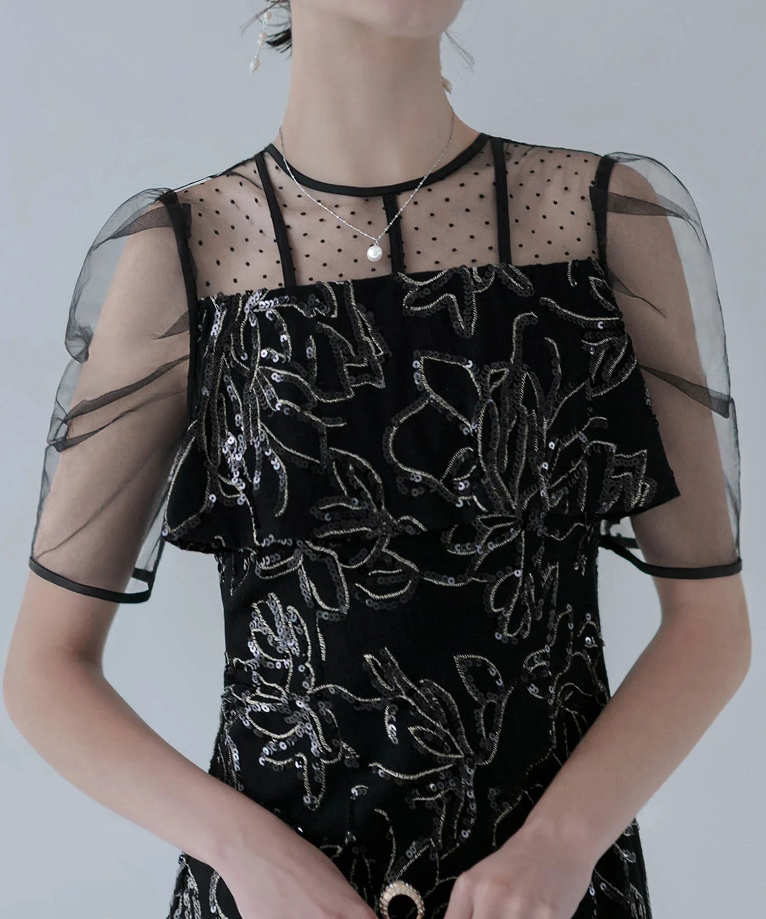 一部当日発送】ドットチュールフラワースパンコールIラインワンピース