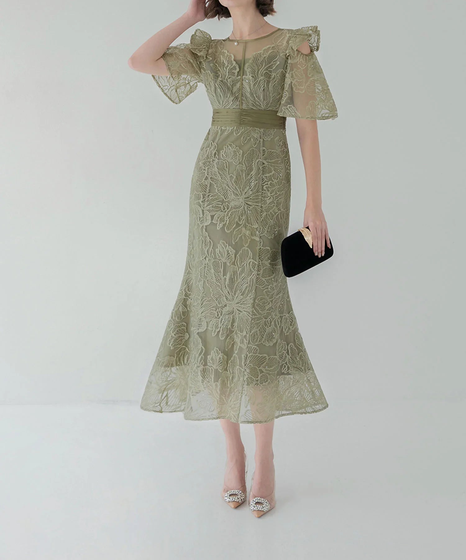 一部当日発送】フラワーレースシアーフリルマーメイドワンピース結婚式