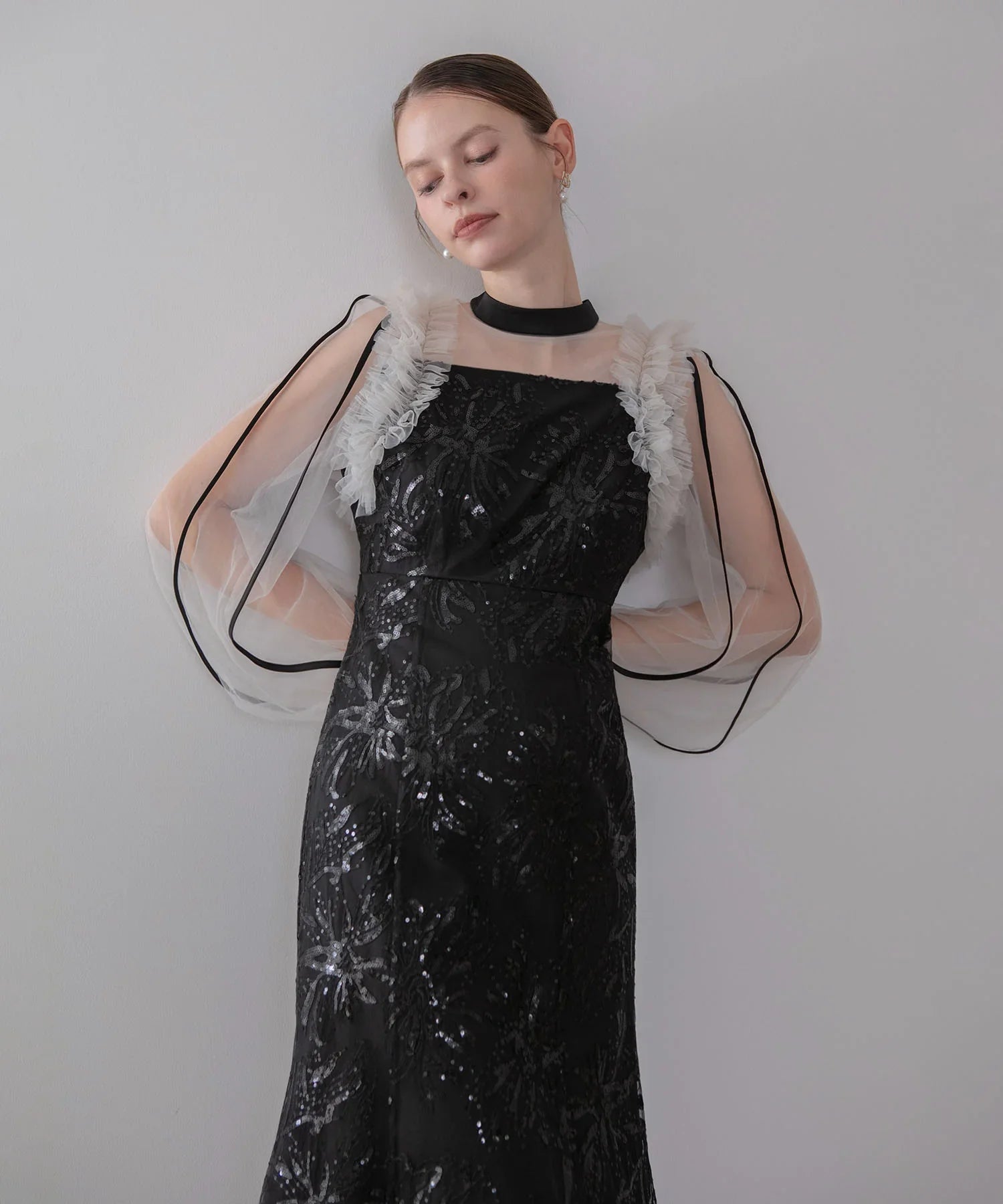 予約販売】フラワースパンコールチュールフリルロングスリーブ