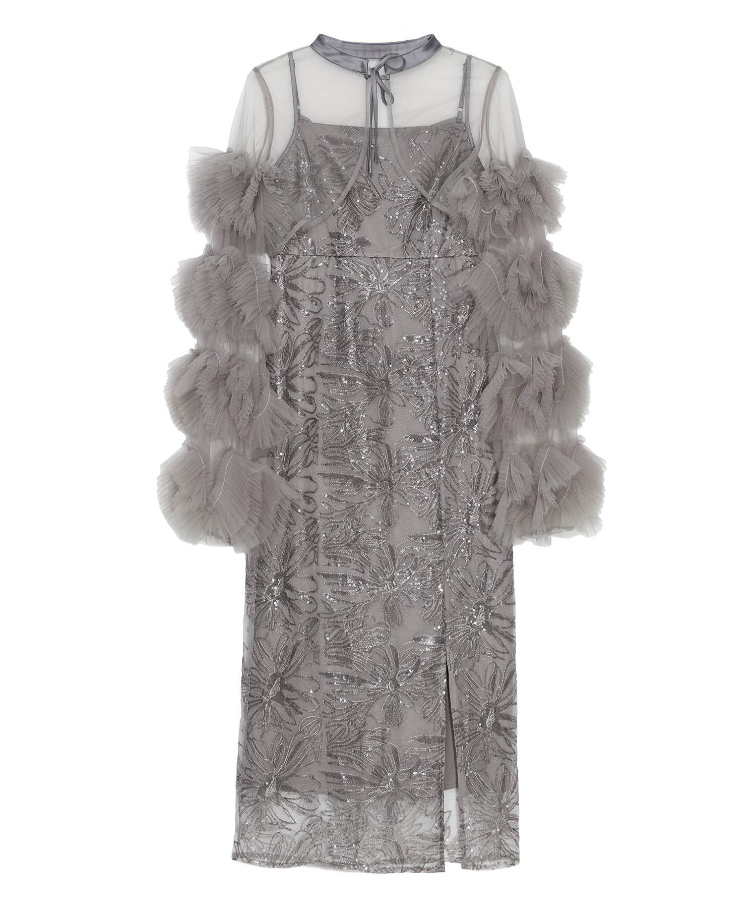 一部当日発送】フリルチュールスリーブリボンIラインワンピースドレス