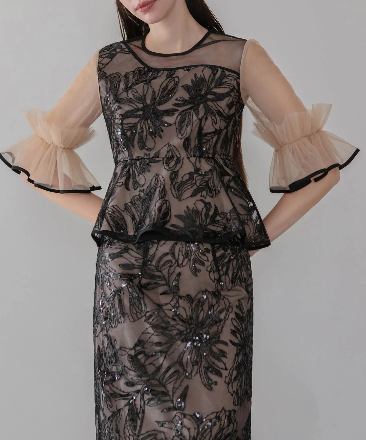 アシンメトリーシアーフラワースパンコールフリルチュール