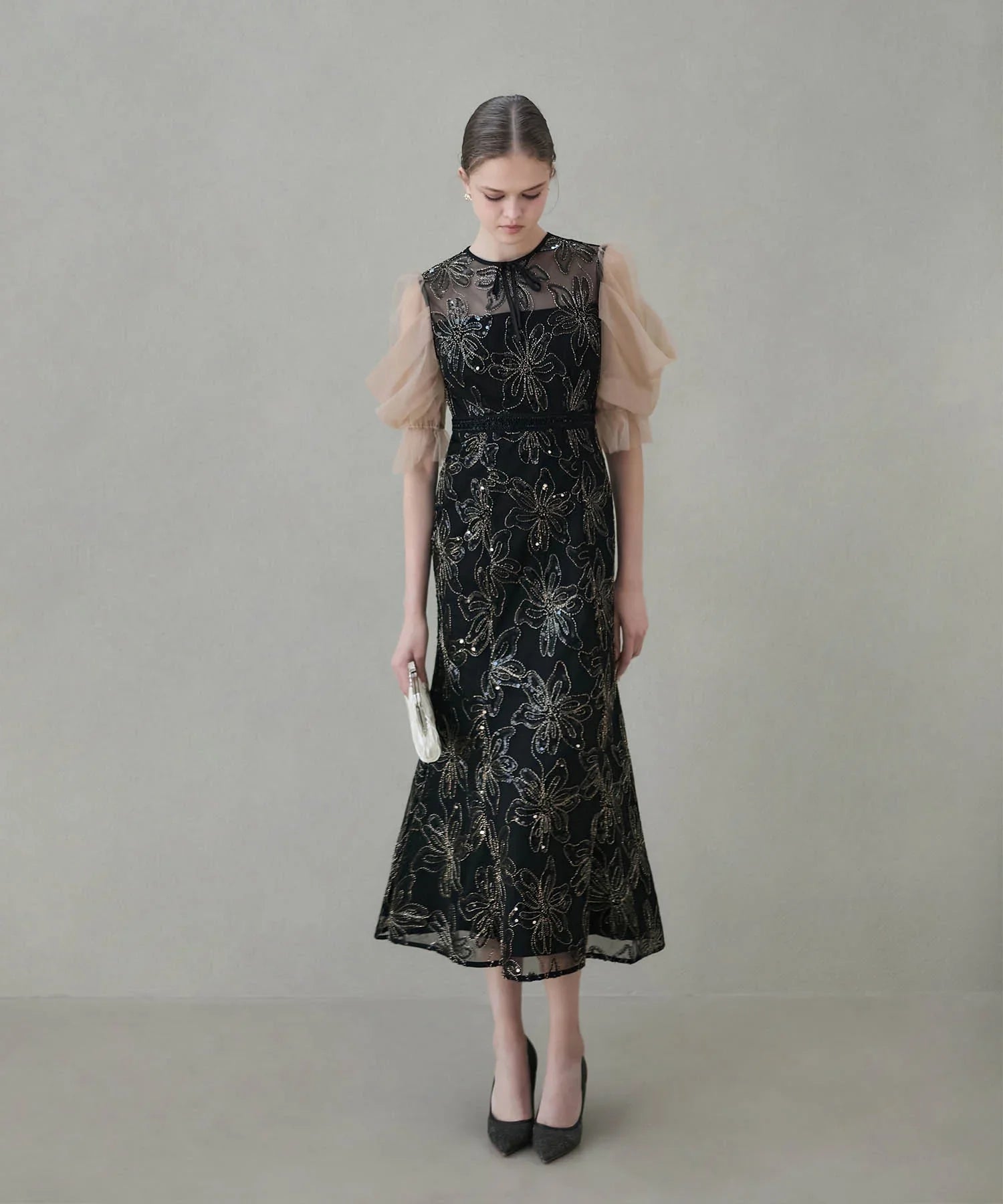 当日発送】スパンコールフラワーリボンチュールワンピース結婚式ドレス