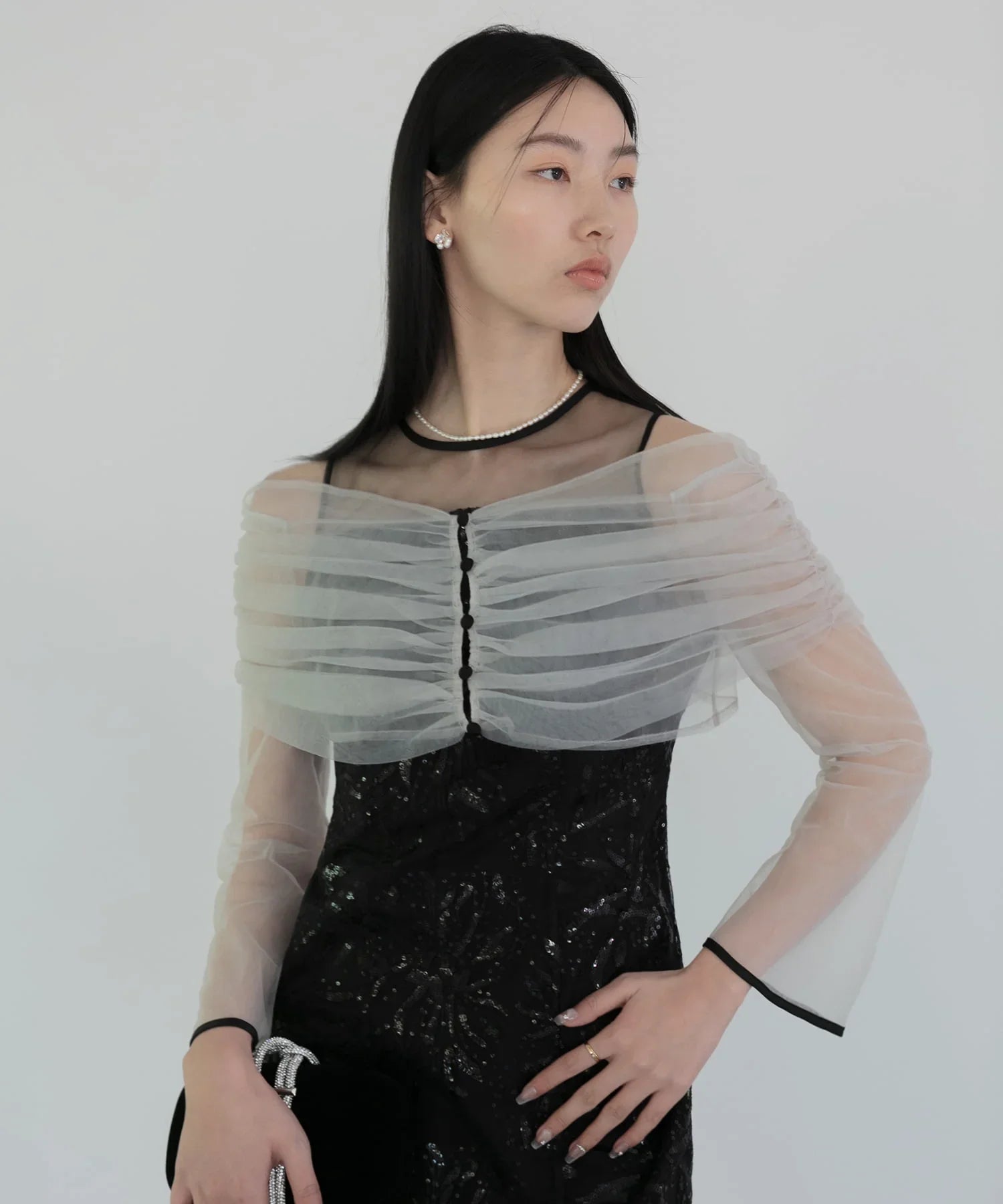 一部当日発送】チュールオフショルダー花柄Iラインドレス/パーティー