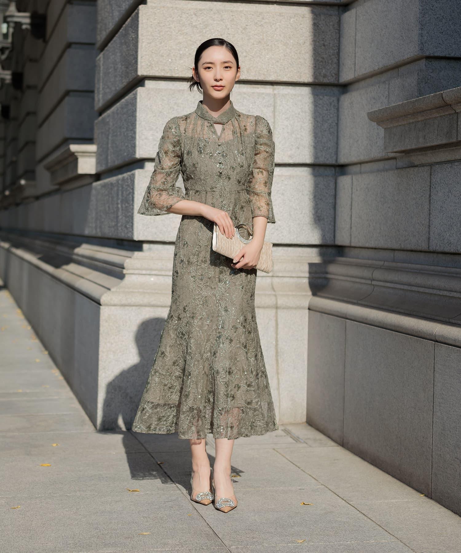 当日発送】スパンコール花柄パフスリーブマーメイドドレスパーティー