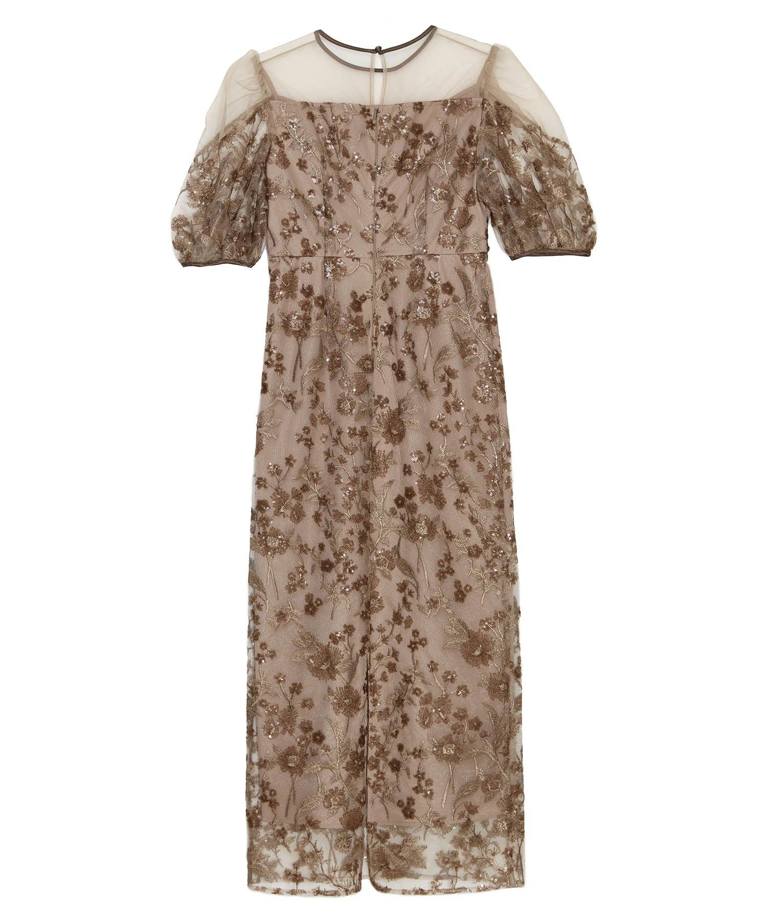 当日発送】フラワーディテールパフスリーブIラインワンピース結婚式ドレス