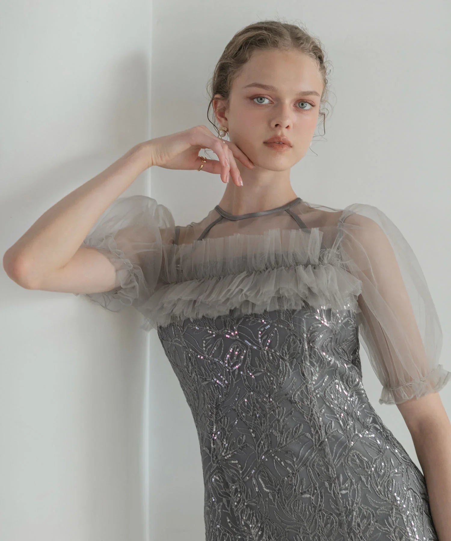 当日発送】チュールフラワースパンコールIラインワンピース結婚式ドレス