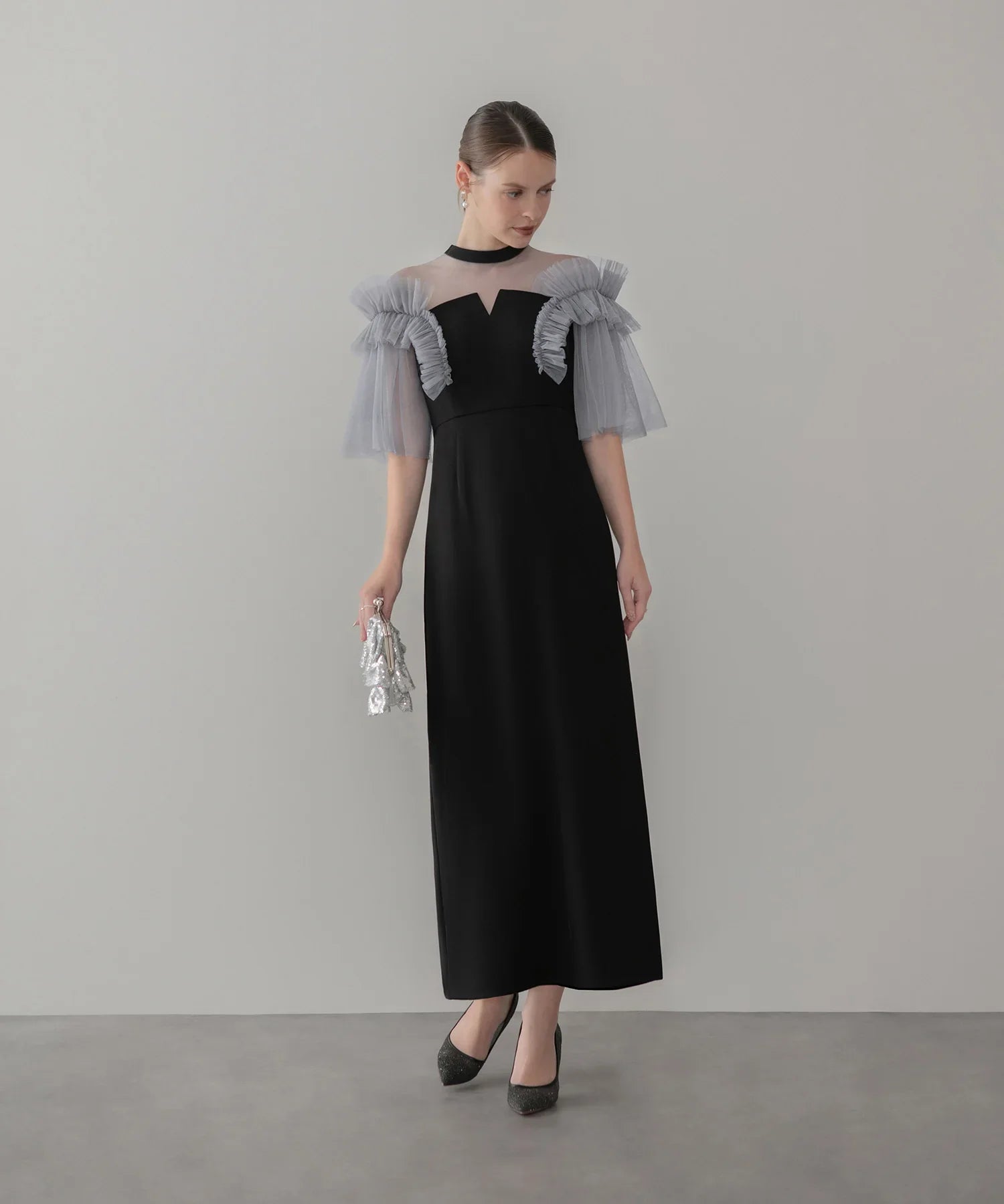 当日発送】チュールフリルショルダーシアーIラインワンピースドレス