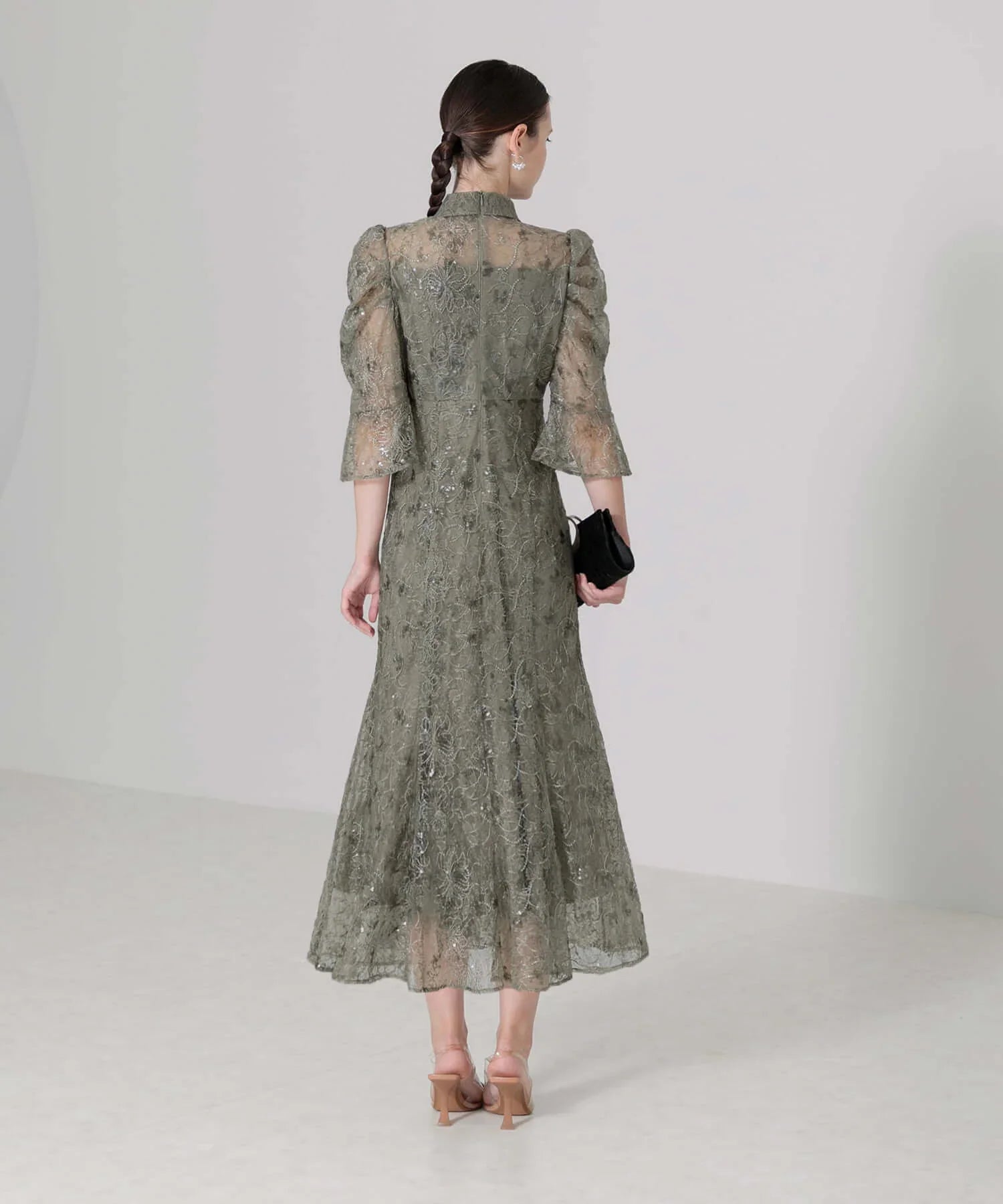 当日発送】スパンコール花柄パフスリーブマーメイドドレスパーティー