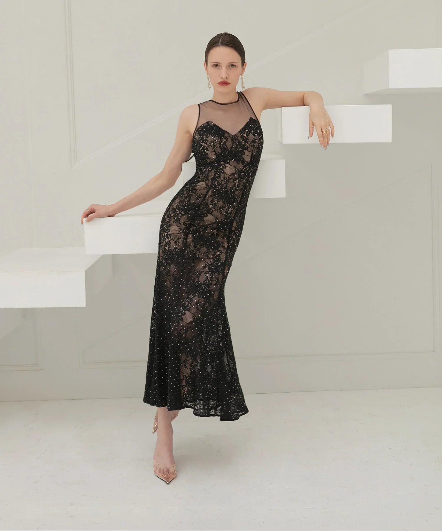 LEJA LUXE】レースストーンスパンコールフラワーマーメイドドレス