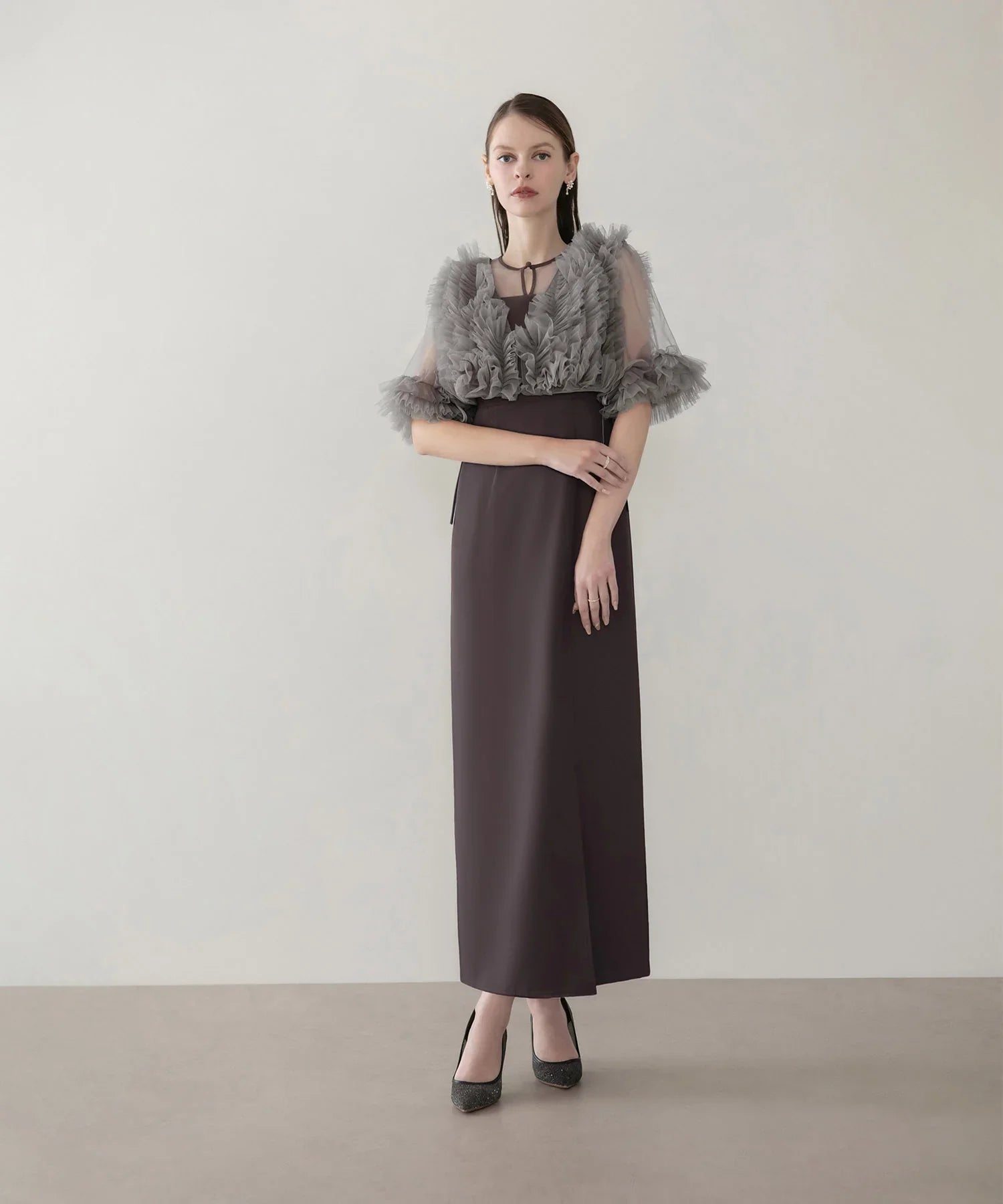 当日発送】チュールフリルビスチェIラインワンピースドレス