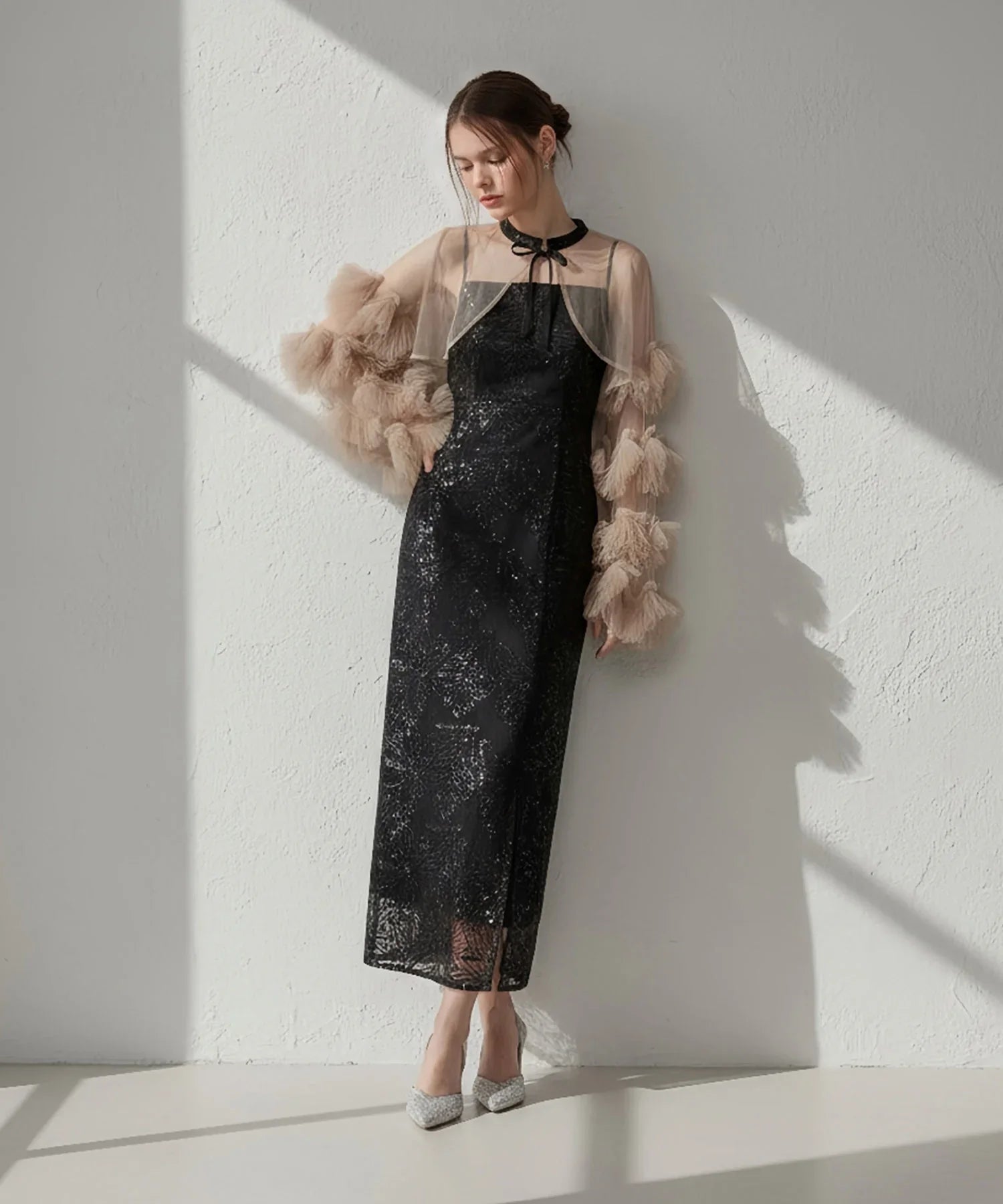 一部当日発送】フリルチュールスリーブリボンIラインワンピースドレス