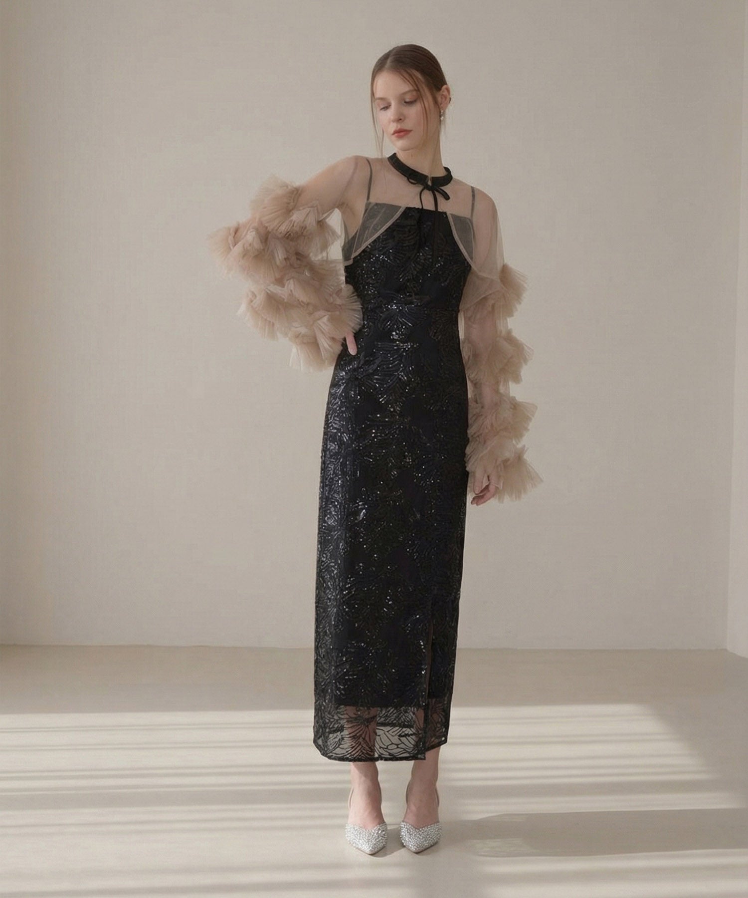 一部当日発送】フリルチュールスリーブリボンIラインワンピースドレス