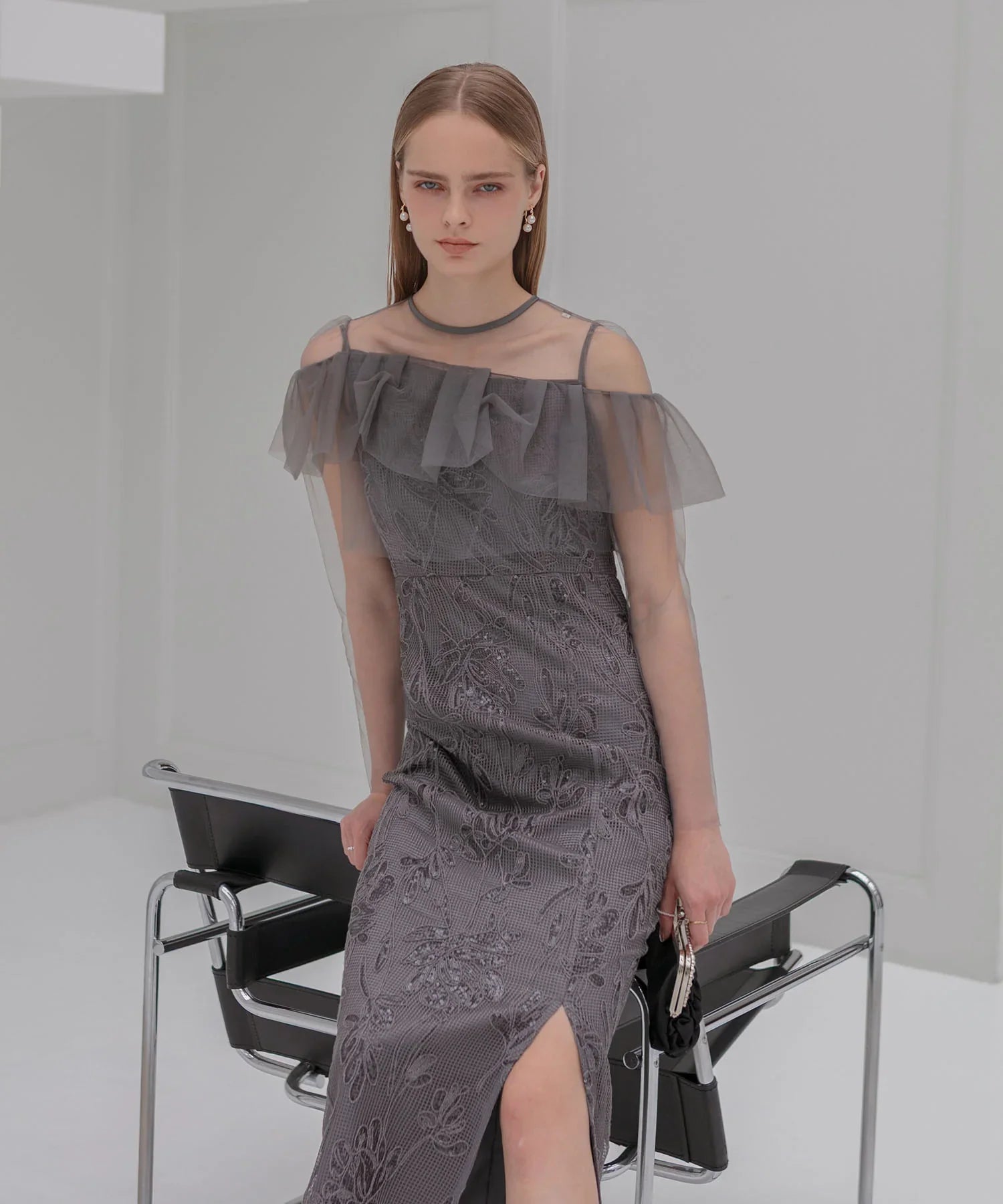 当日発送】2WAYアシンメトリーフリルチュールフラワーIライン