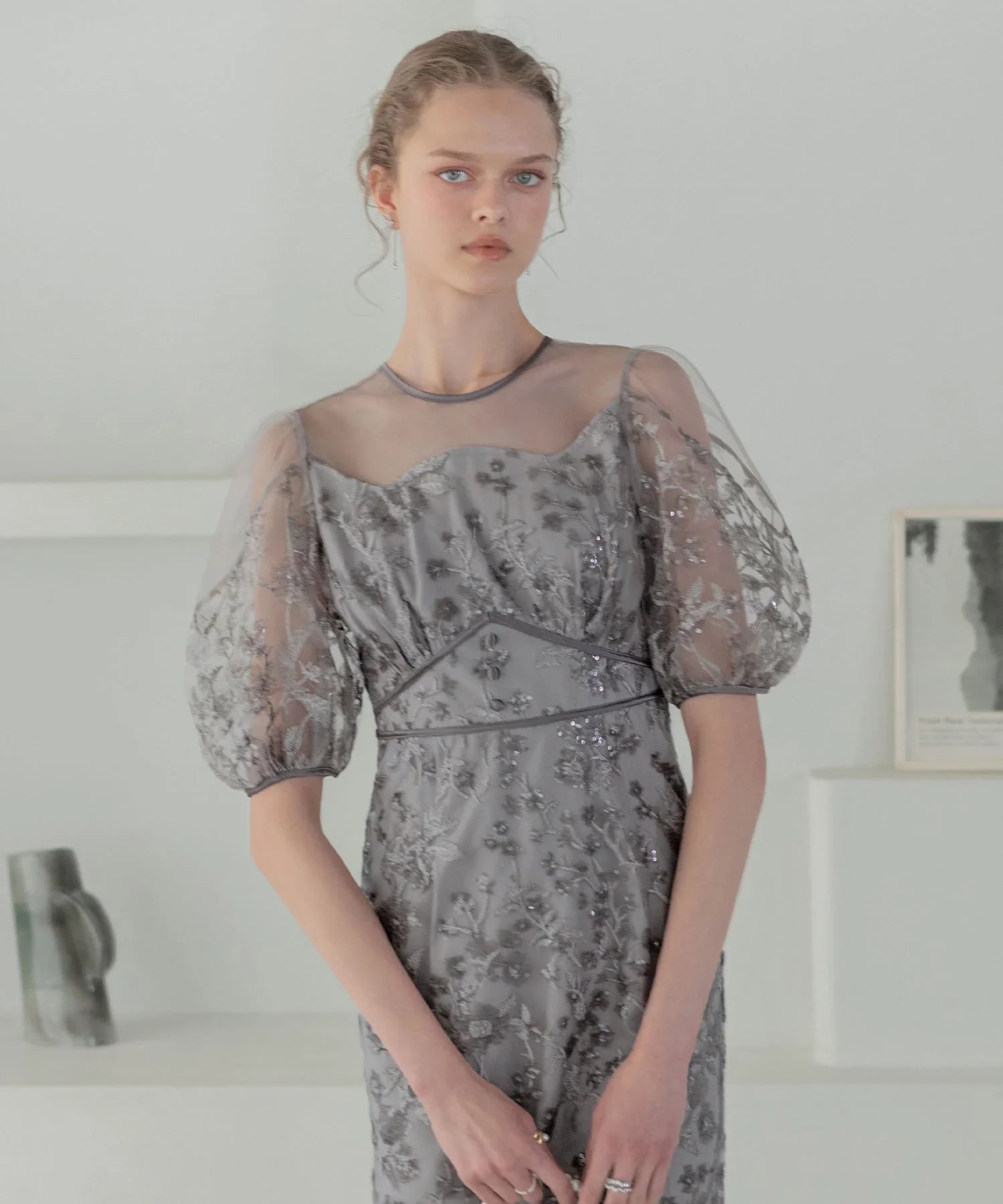 当日発送】フラワーディテールパフスリーブIラインワンピース結婚式ドレス