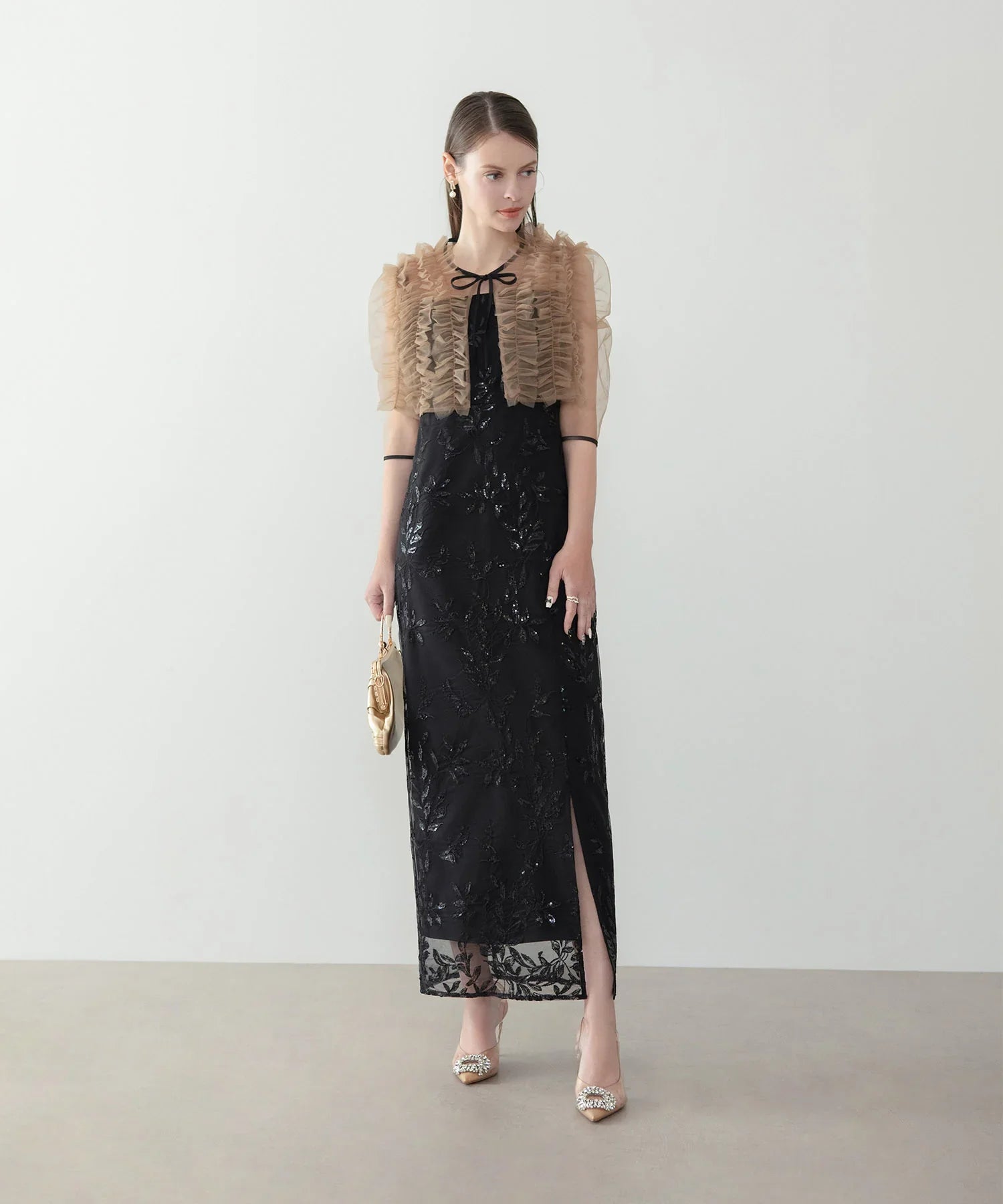 leja ラメ レース装飾付きロングドレス ブラック ワンピース