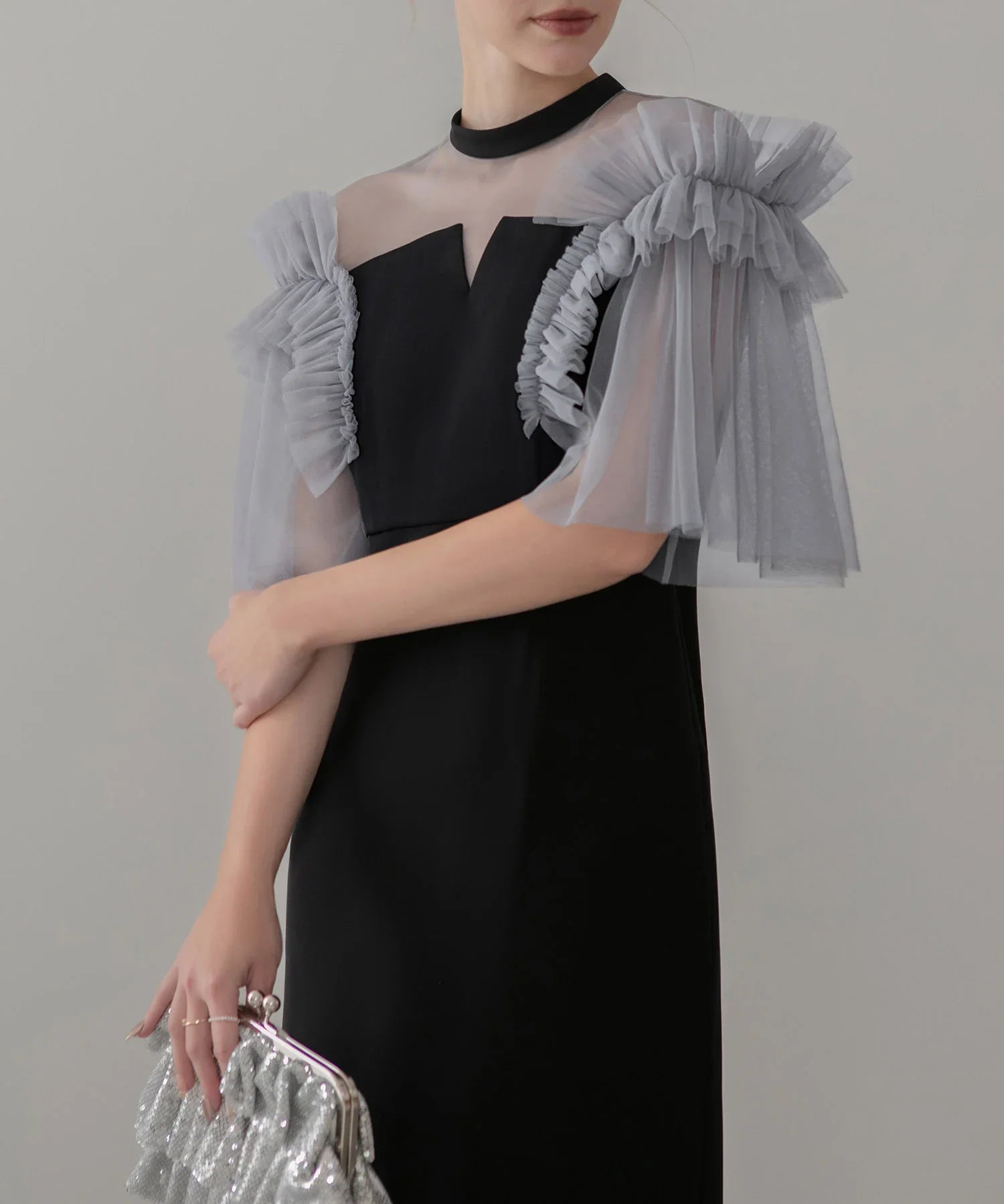 当日発送】チュールフリルショルダーシアーIラインワンピースドレス