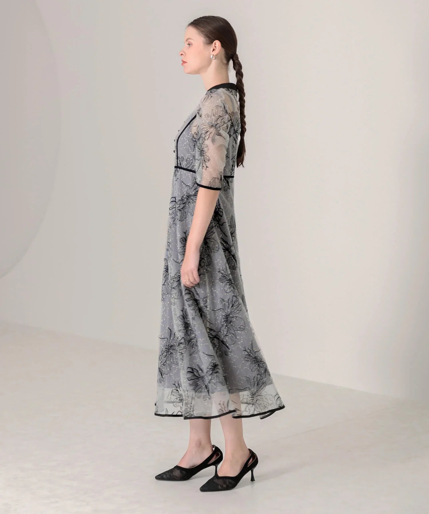 当日発送】パイピングハイネック花柄ラメレースドレス/パーティー