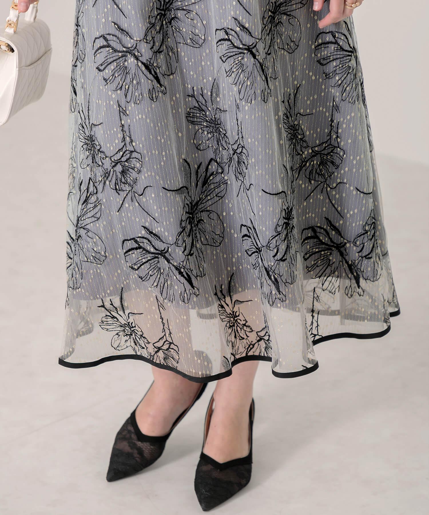 当日発送】パイピングハイネック花柄ラメレースドレス/パーティー