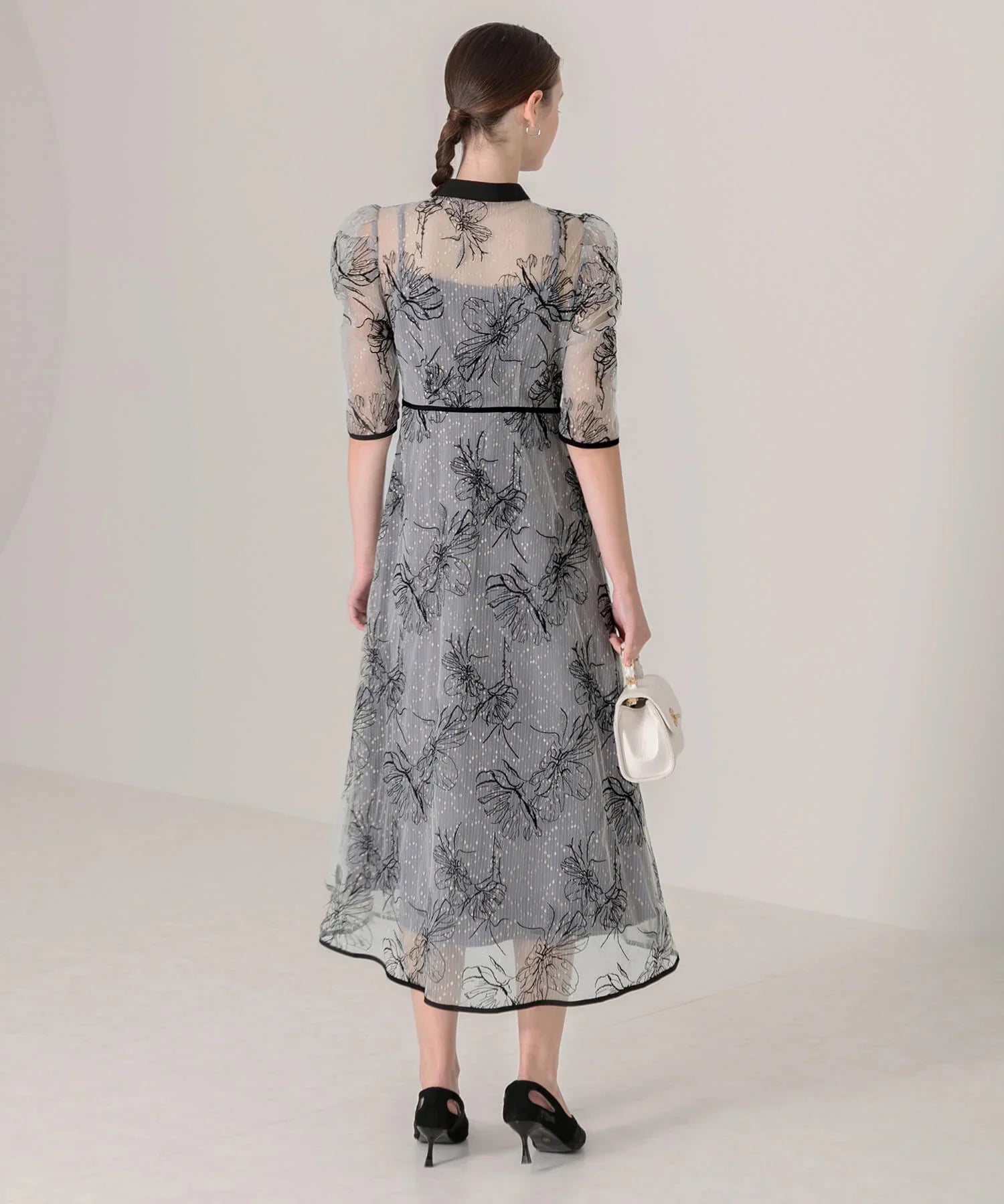 当日発送】パイピングハイネック花柄ラメレースドレス/パーティー