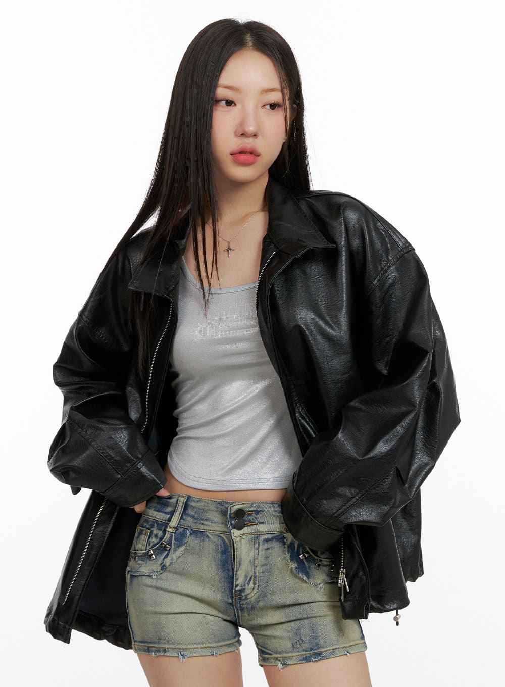 Oversize Zip-Up Faux Leather Jacket OL408 - Korean Women's Fashion