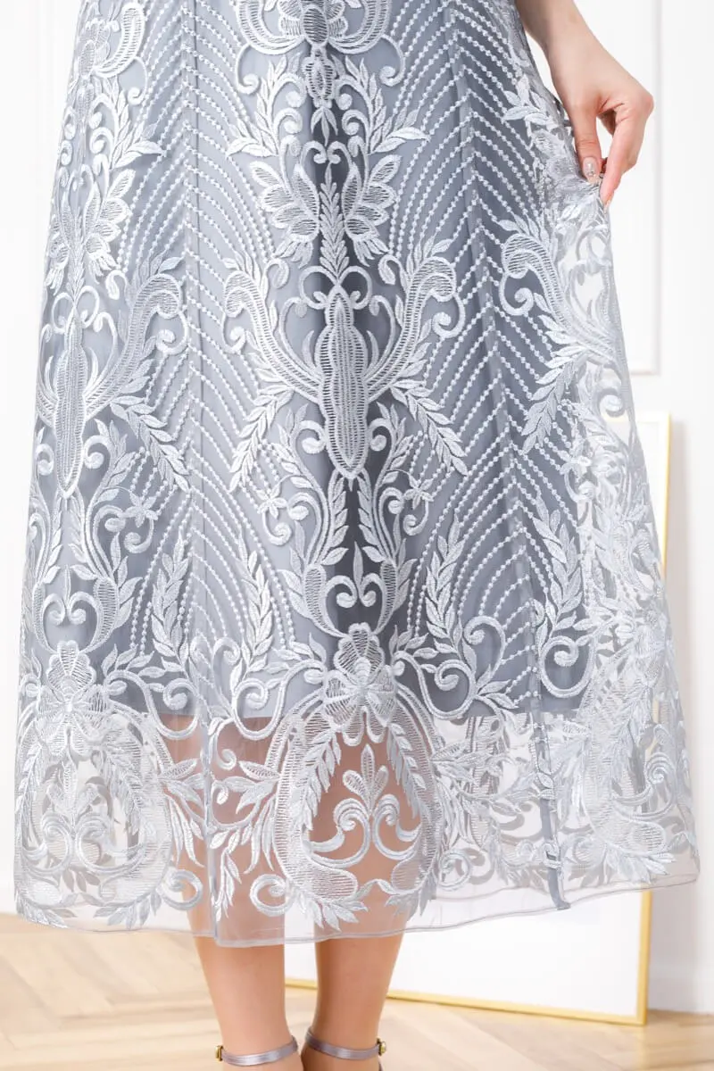 グレイッシュブルーのアンティーク刺繍レースドレス | Dorry doll | M