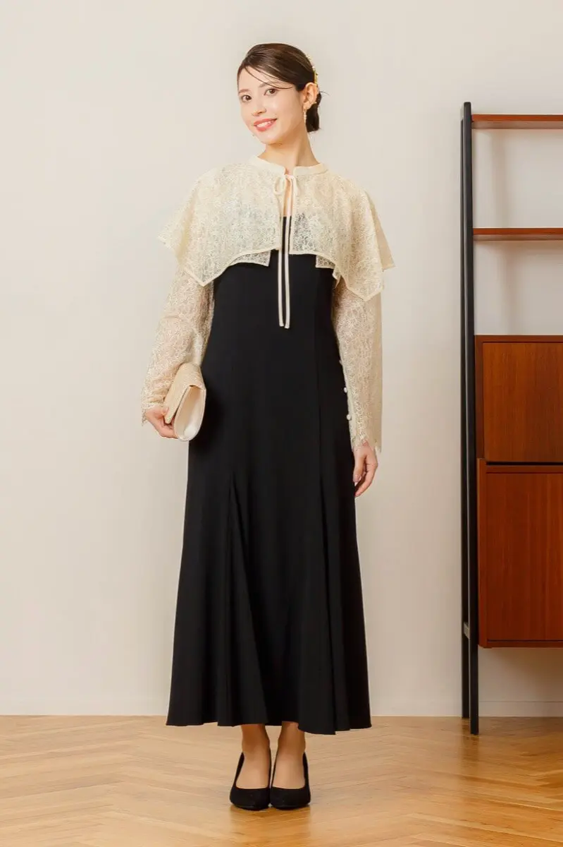 ベージュ×ブラックのレイヤードケープドレス | ANDRESD | L | 結婚式