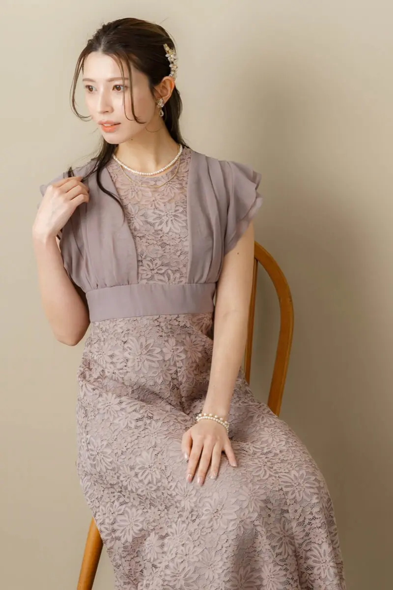 グレージュのシフォンスリーブレースドレス | Dorry doll | M | 結婚式