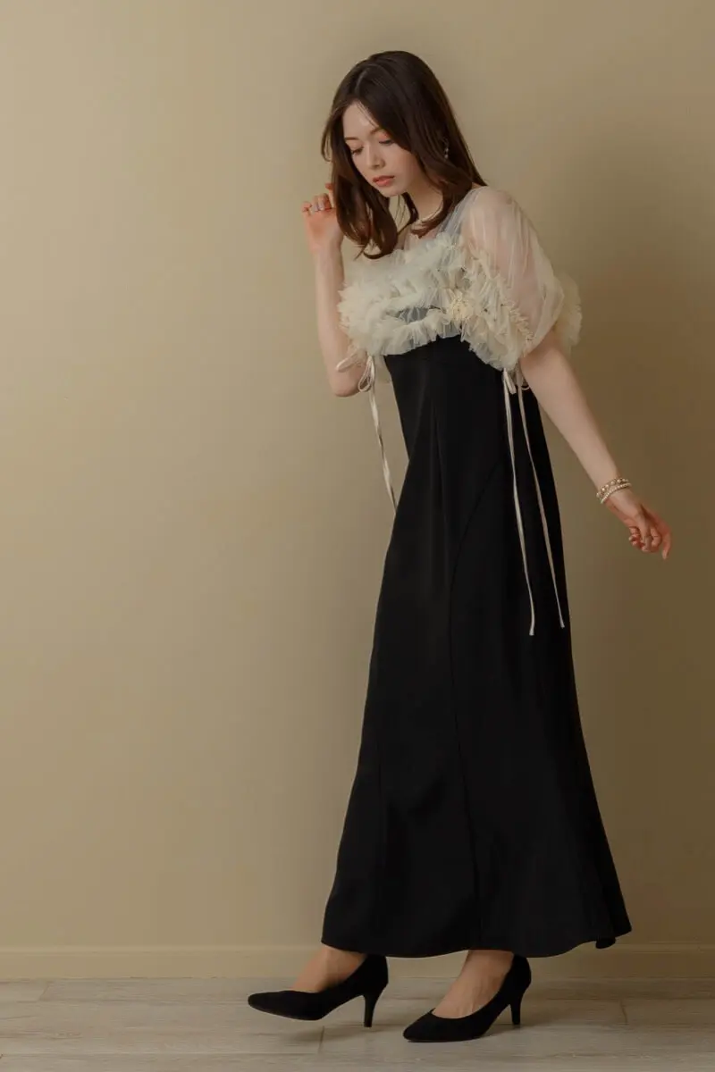 ベージュブラックのチュールトップスセットドレス | ANDRESD | M