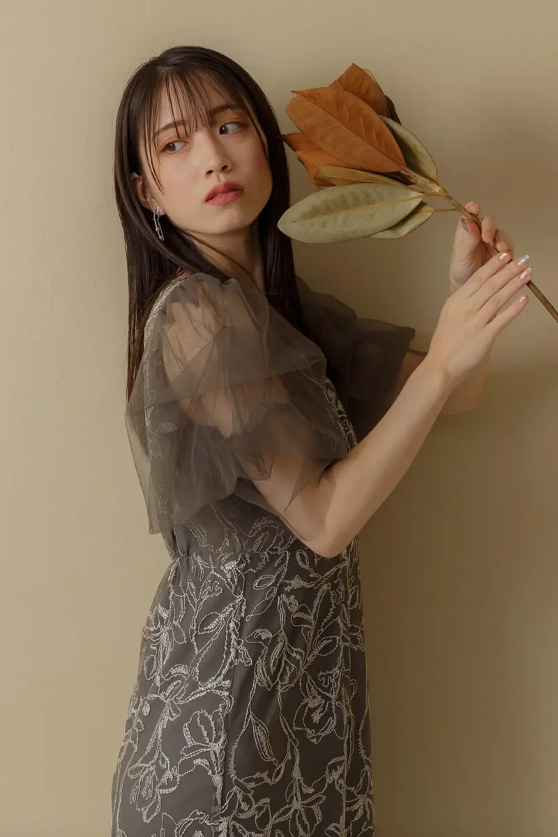 チャコールのフラッフィースリーブペンシルドレス | LE' RURE | M