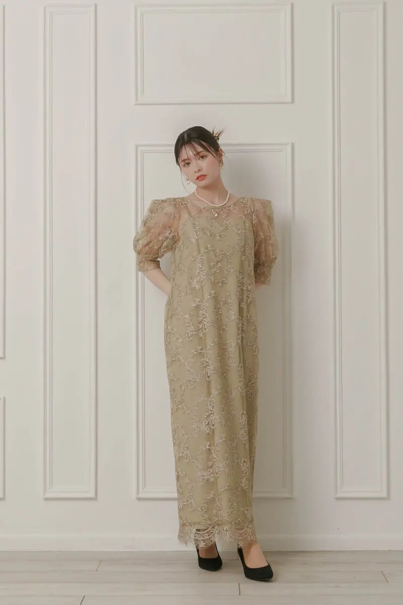 ベージュ×イエローのボックススリーブドレス | LE' RURE | M | 結婚式