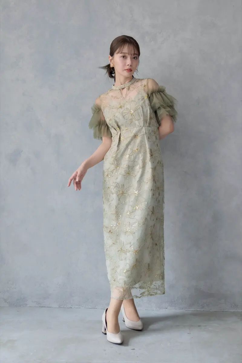 ライトグリーンのスパンコール刺繍レースドレス | ANDRESD | M | 結婚