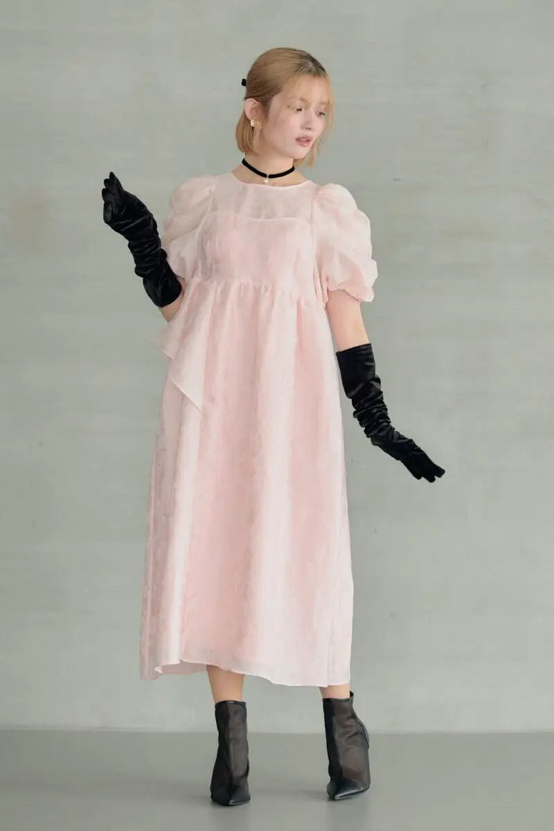 ANDRESD バブルスリーブジャガードドレス Mサイズ ピンク ANDRESD