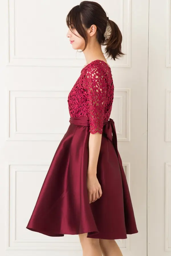 レース切替タックフレア半袖ワインレッドミニドレス | Dorrydoll | M
