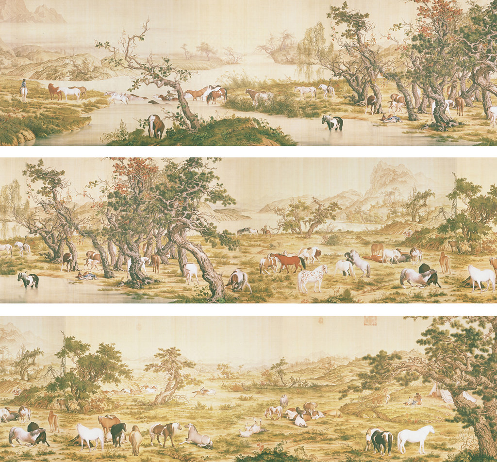 中国絵画 清国の国師絵家名家清時代郎世寧（最作)百駿図国画巻き絵