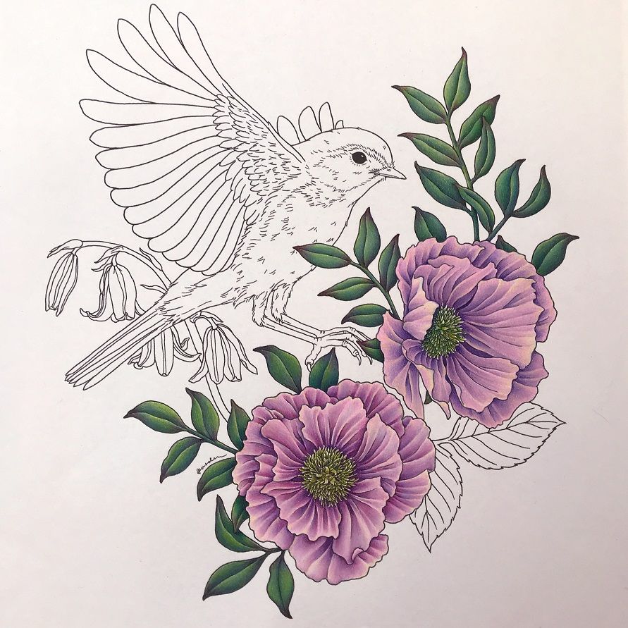 油絵 専用 お花の模様がある鳥の親子 油絵 専用 お花の模様が