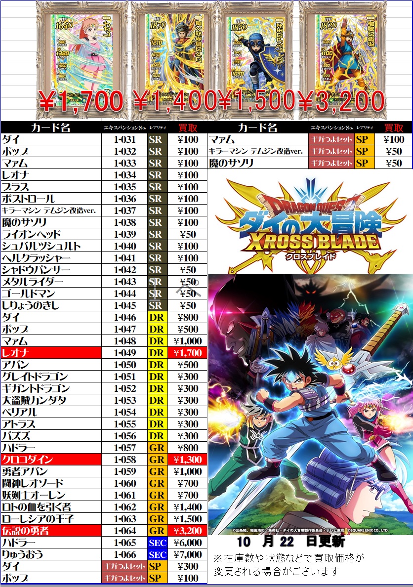 ダイの大冒険 クロスブレイド 1弾『シークレット』 初動・買取相場