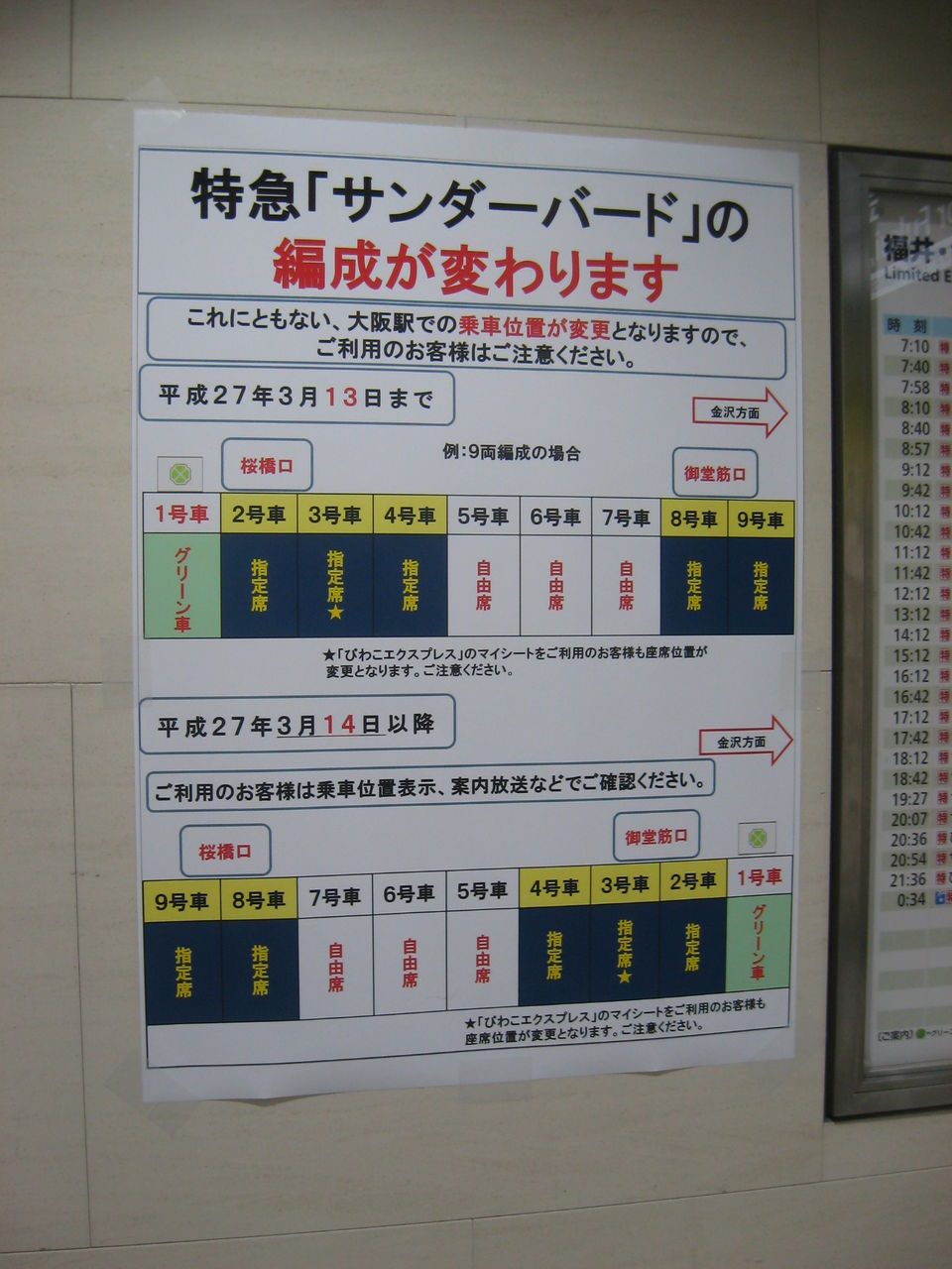 列車 特急サンダーバード 乗車位置案内板