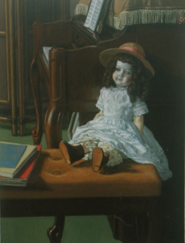 油彩 岩島雅彦 絵画 アンティーク 金装飾額 少女 人形 油彩 岩島雅彦
