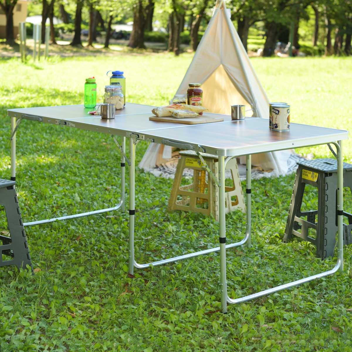 アウトドアテーブル 奥行80cm 高さ3段階調節 フォールディングテーブル