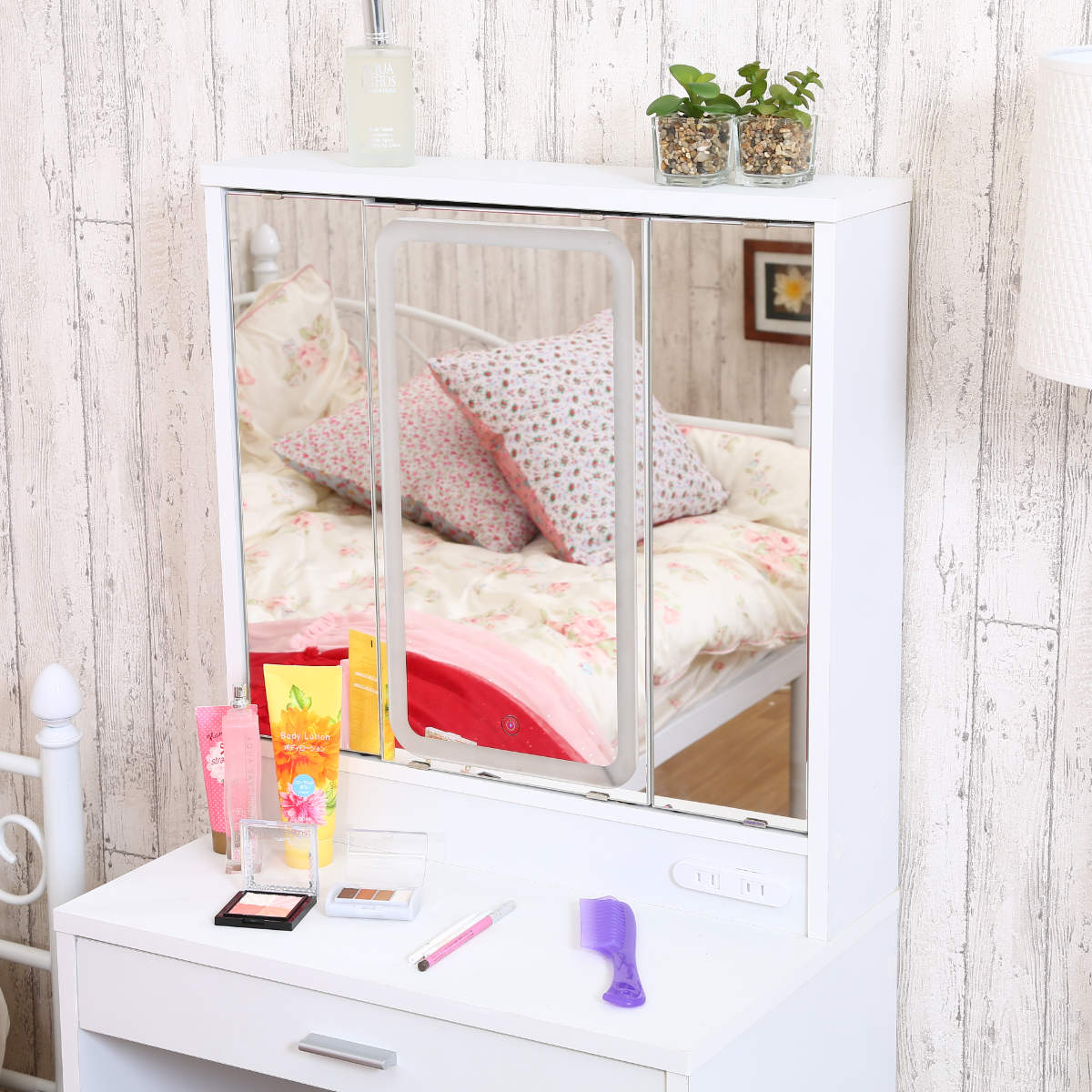 ドレッサー 幅80cm コンパクトミラー スツール付き LEDライト付 ピンク