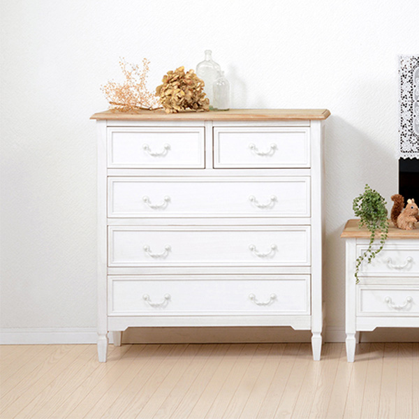 チェスト 幅80cm 引出し5杯 姫系 木製 アンティーク調 ブロカント （ 4