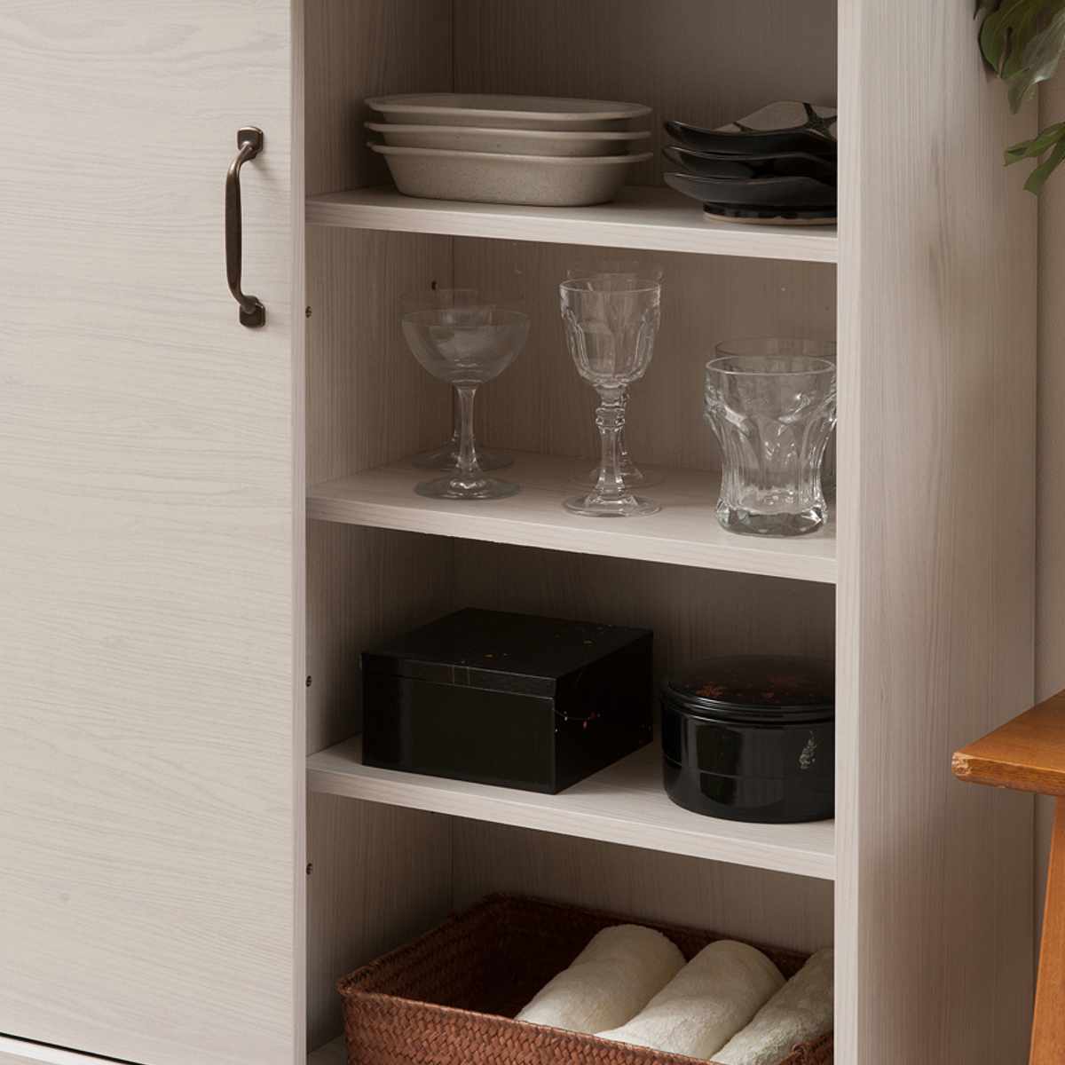 カウンター下収納 引き戸 キャビネット 幅90cm ホワイト木目 （ Late