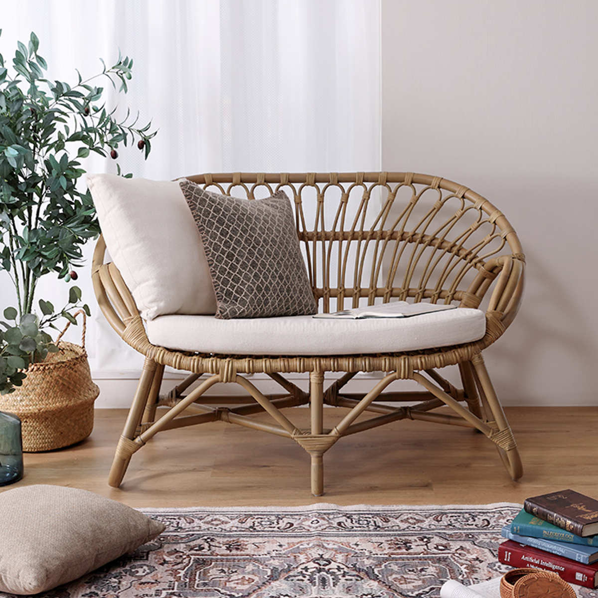 ✿アジアンリゾートポップ✿籐フレーム 2人掛け ラブソファ オールド