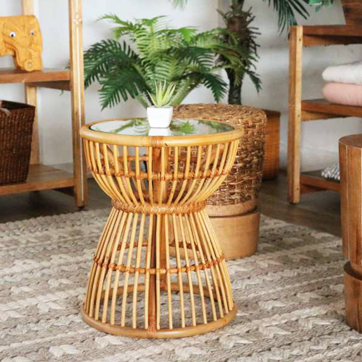 ラタン キャスター付き ガラステーブル コーヒーテーブル アジアン