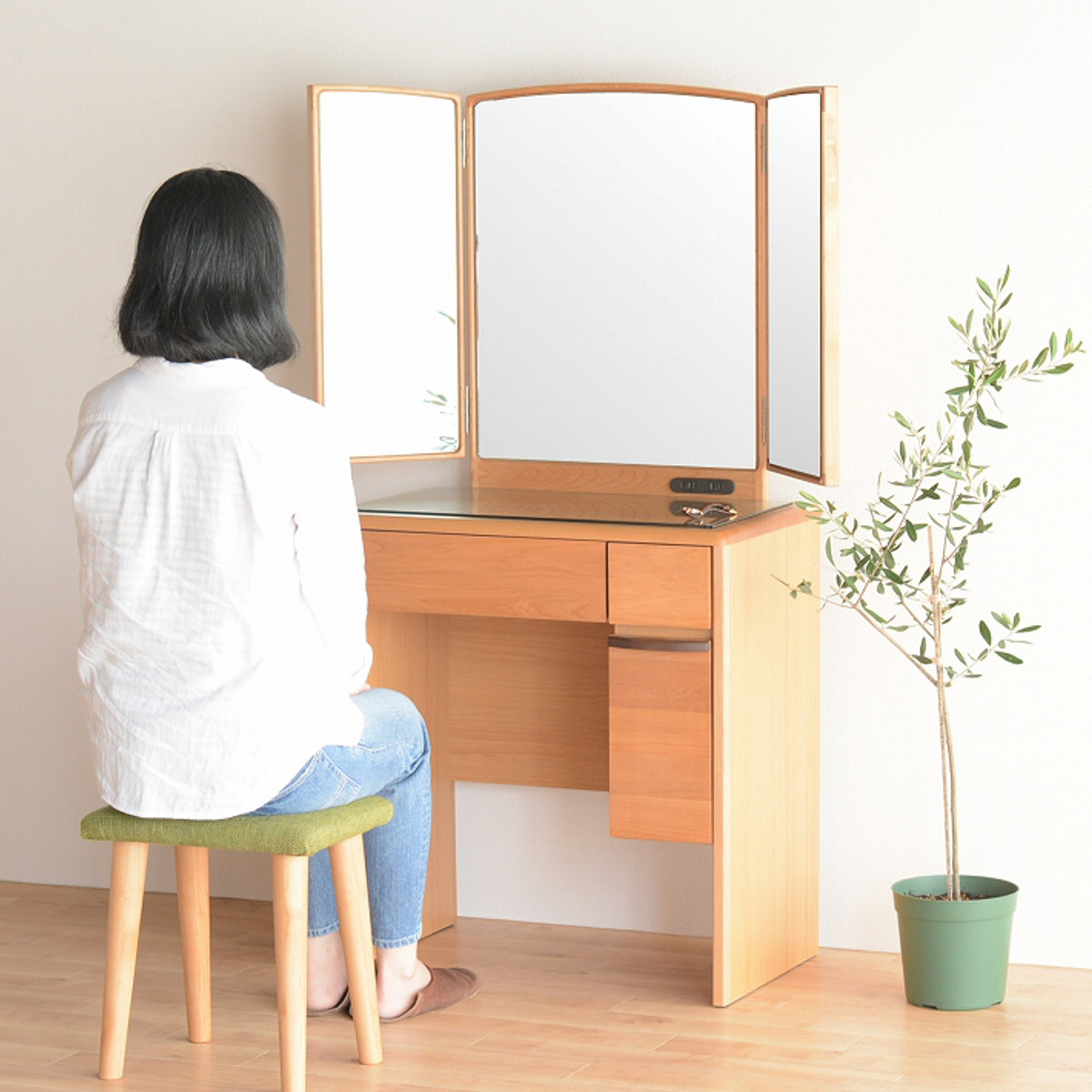 ドレッサー 幅65cm 鏡台 三面鏡 折りたたみ ルシアン （ スツール付き