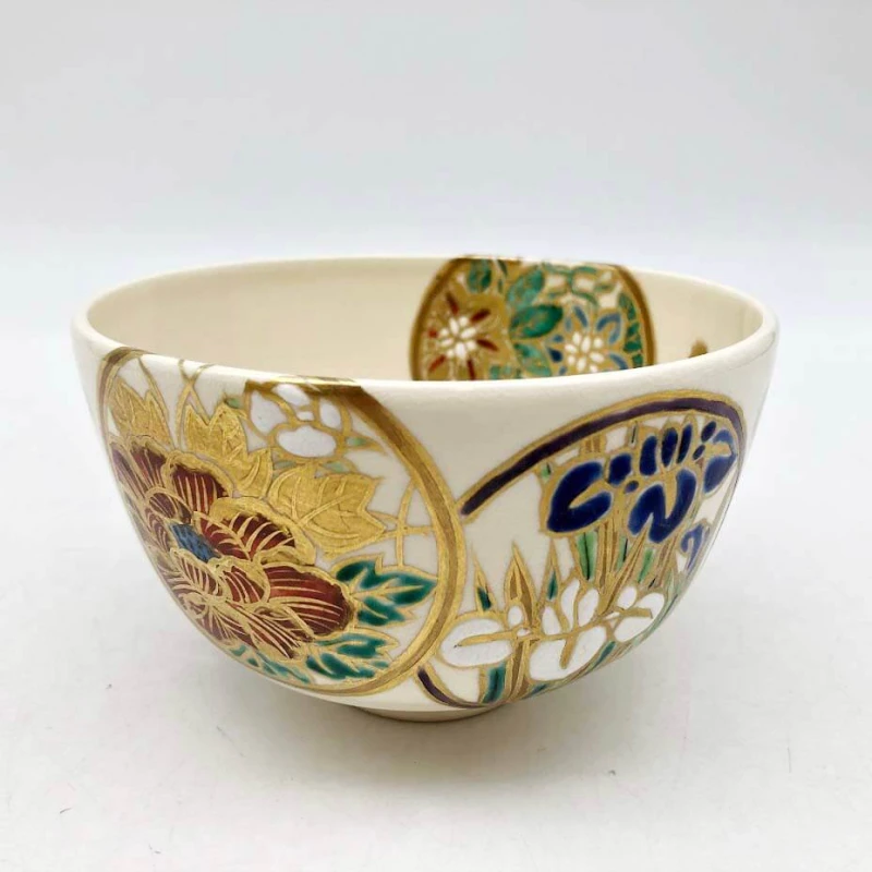宮川香林作 茶碗 丸紋草花 共箱入 陶器製 茶碗 絵付け 金彩 茶道具