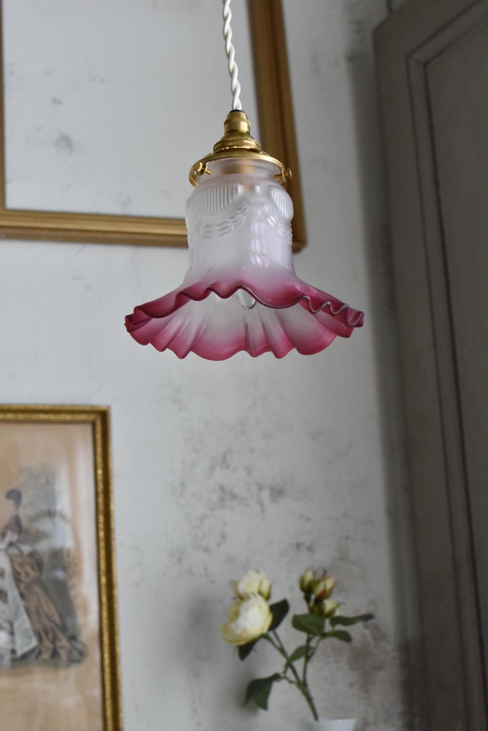 フランスアンティーク 天使クランベリーペンダントガラスシェード