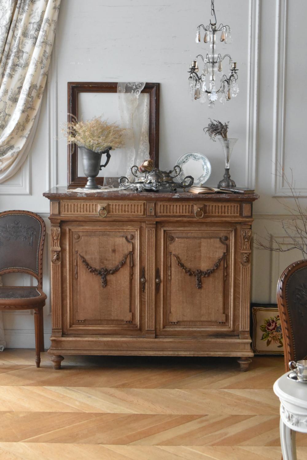 フランスヴィンテージ 大理石トップ オーク材 サイドテーブル