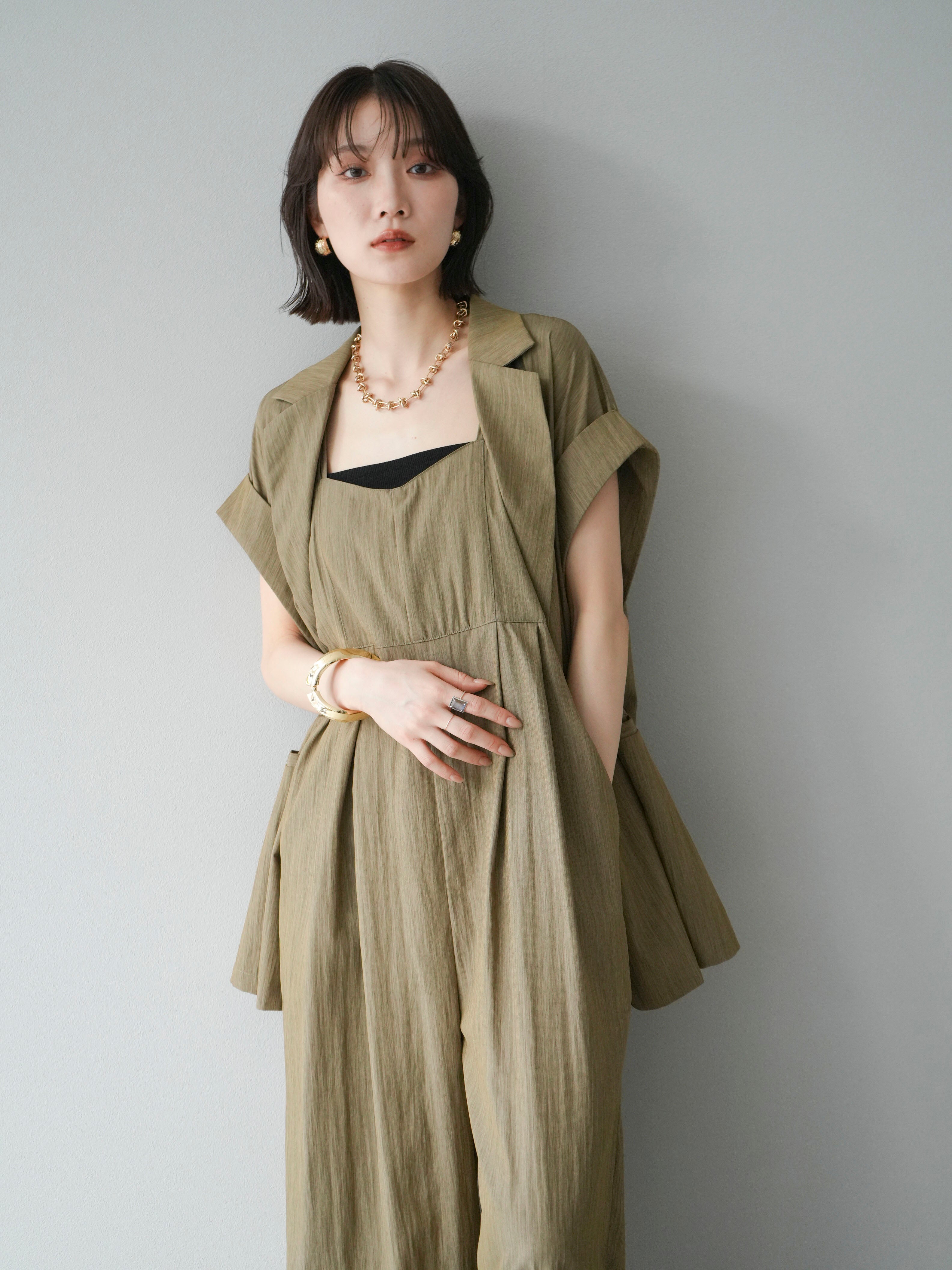 SET]リネンライクビスチェデザインサロペット+リネンライク